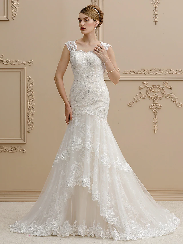 Luolandi Wedding Dresses Square Neck Court Train Lace Over Tulle Regular Straps Wedding Dress in Color Floral Lace See-Through with Buttons Sequin